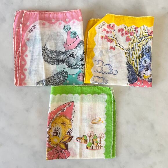 Vintage 50s 60s Duck, Bear and Dog Animal Hankies / Set of Three - Picture 7 of 8